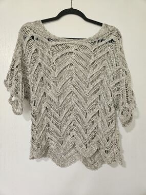 Eileen Fisher Petite Medium Chevron Crochet Knit Scalloped Top Grey Italian Yarn